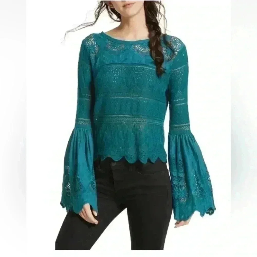 FREE PEOPLE Turquoise Once Upon a Time Linen Blend Knit Bell Sleeve Top Small